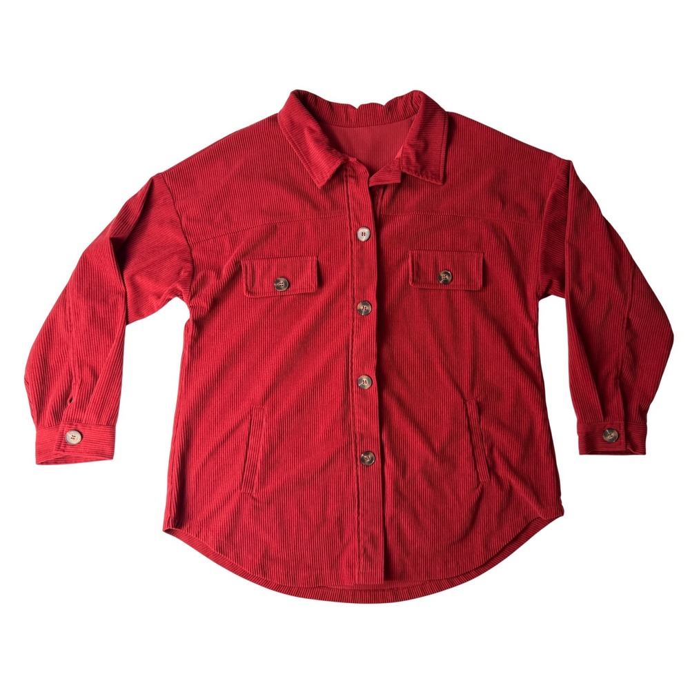 Womens Red Corduroy Button Down‎ Shirt Long Sleeve Casual Shacket XL